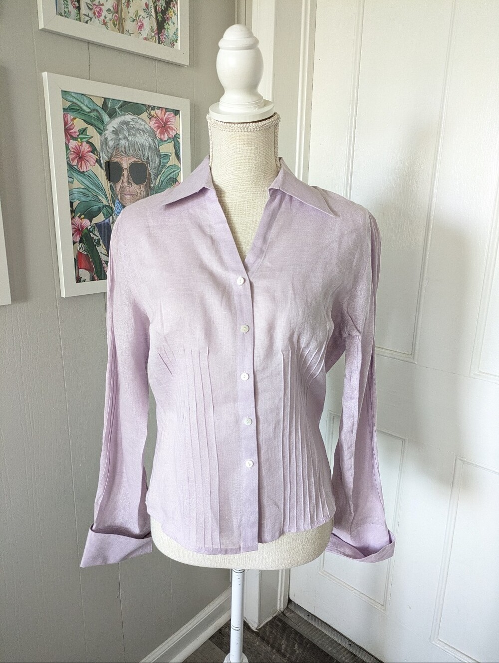 Jillian Jones Lavender 100% Linen Button Down Shirt Long Sleeve Womens Size M